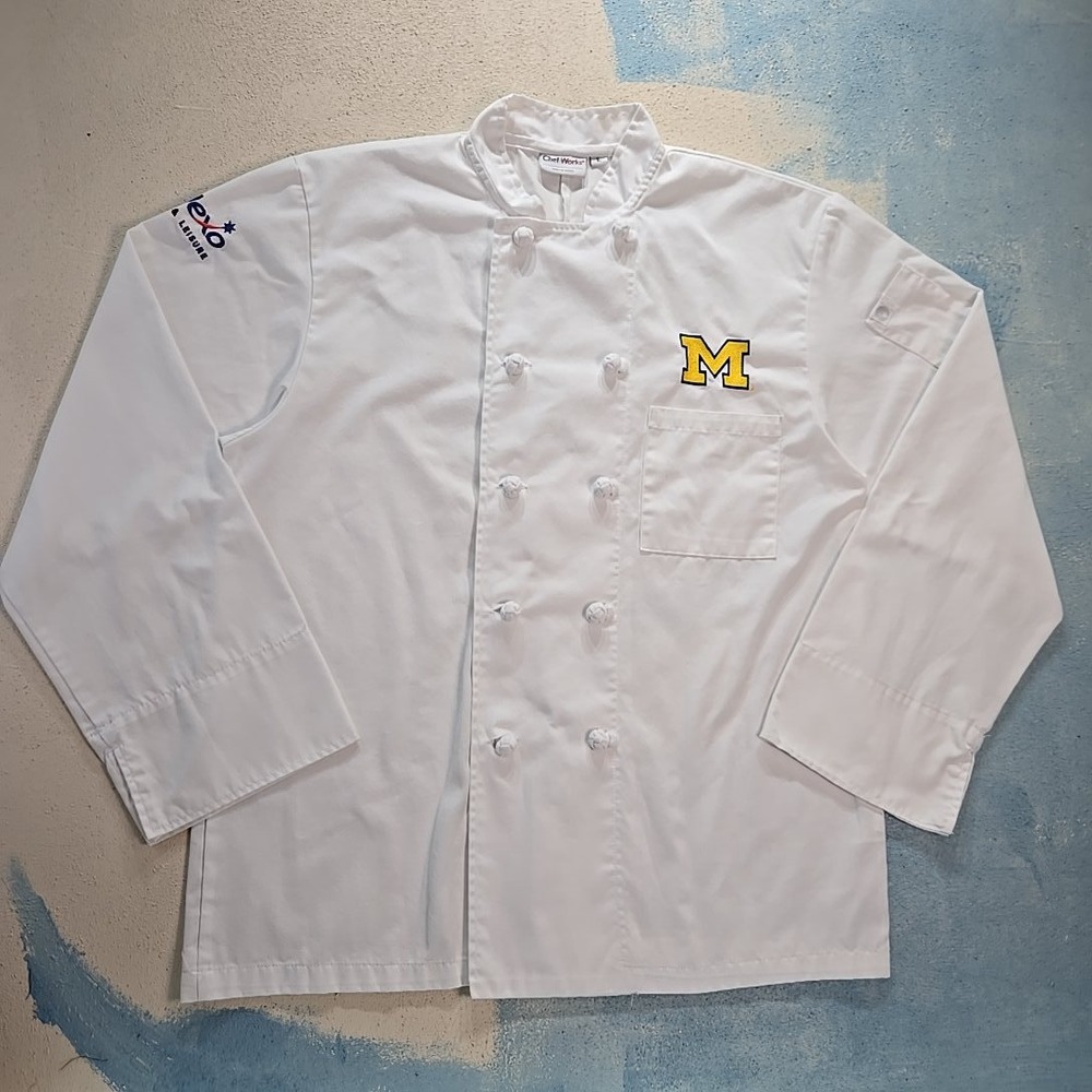 Chef Works White Double Breasted Chef Coat Mens L University of Michigan Sodexo‎
